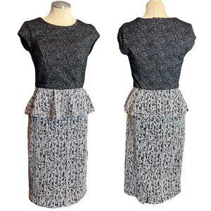 New York & Company Dress S Black White Textured Peplum Stretch‎ Midi Size Small
